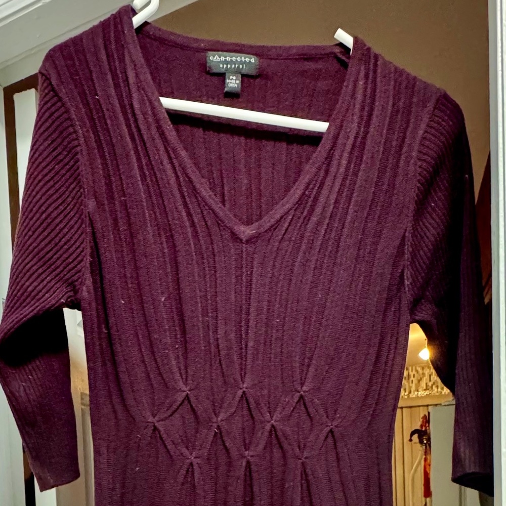 Connected Apparel Sweater Dress Women petite small burgundy Midi Fit Flare